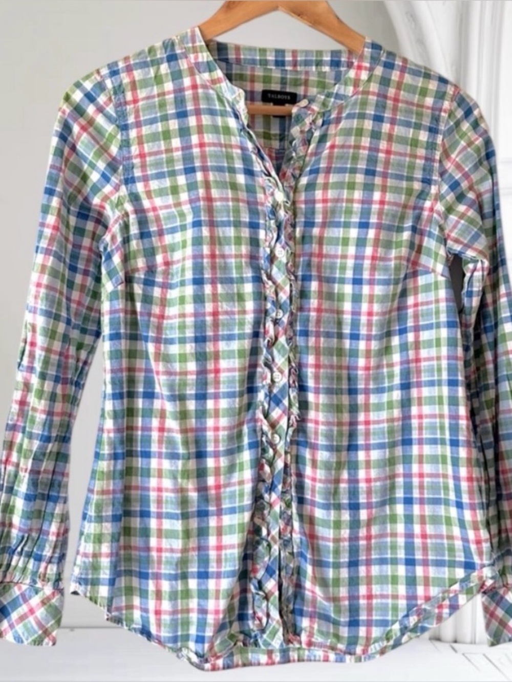 Talbots Pastel Plaid Button-Up Shirt with Ruffles